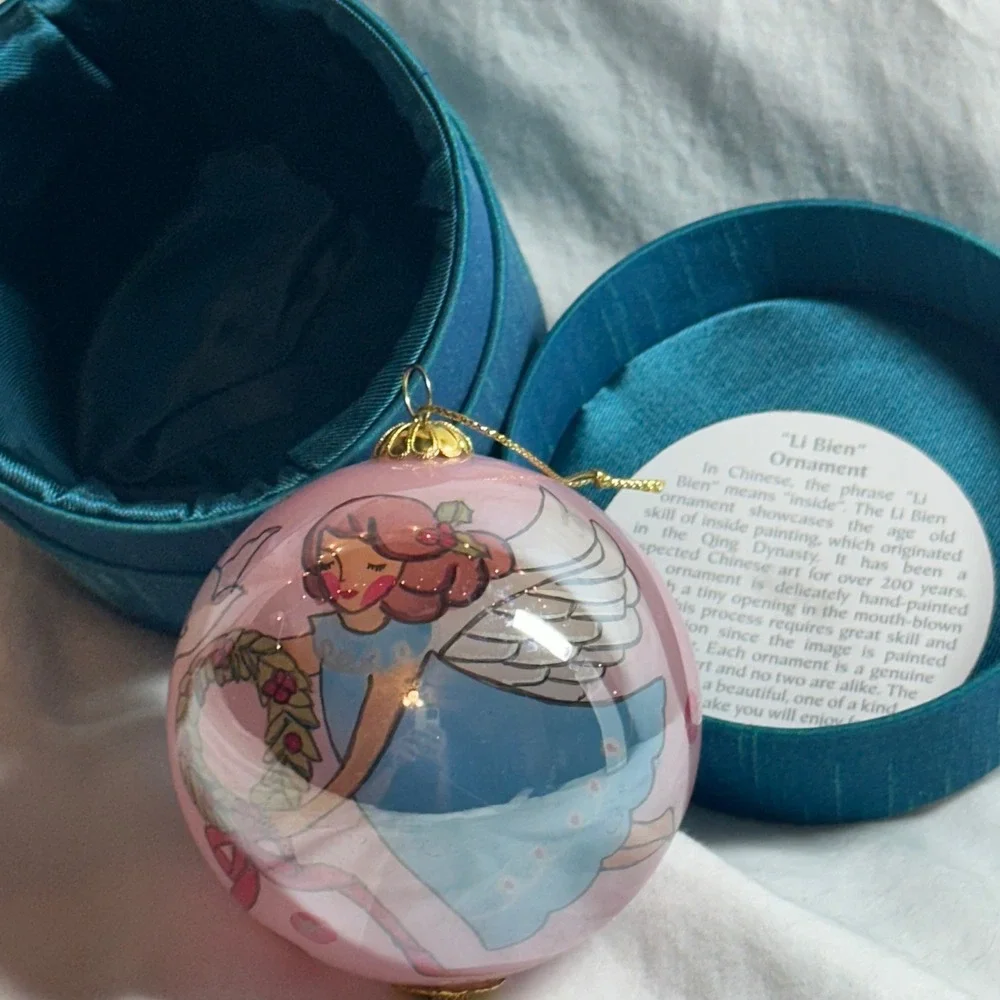 Li Bien Christmas Ornament Pink Angel Hand Painted Glass Excellent With Box